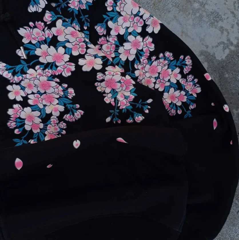 Harajuku Crane Flower Graphics Oversize Black Zipper Hoodie Mens and Womens Y2K New Gothic Fashion Casual Retro Street Wear W251020