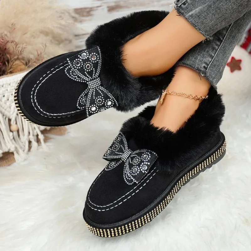 Winter Ankle Boots Womens SlipOn Fur Shoes Diamond Butterfly Knot Snow Boots Platform Pure Color Adult Womens Boots 251013