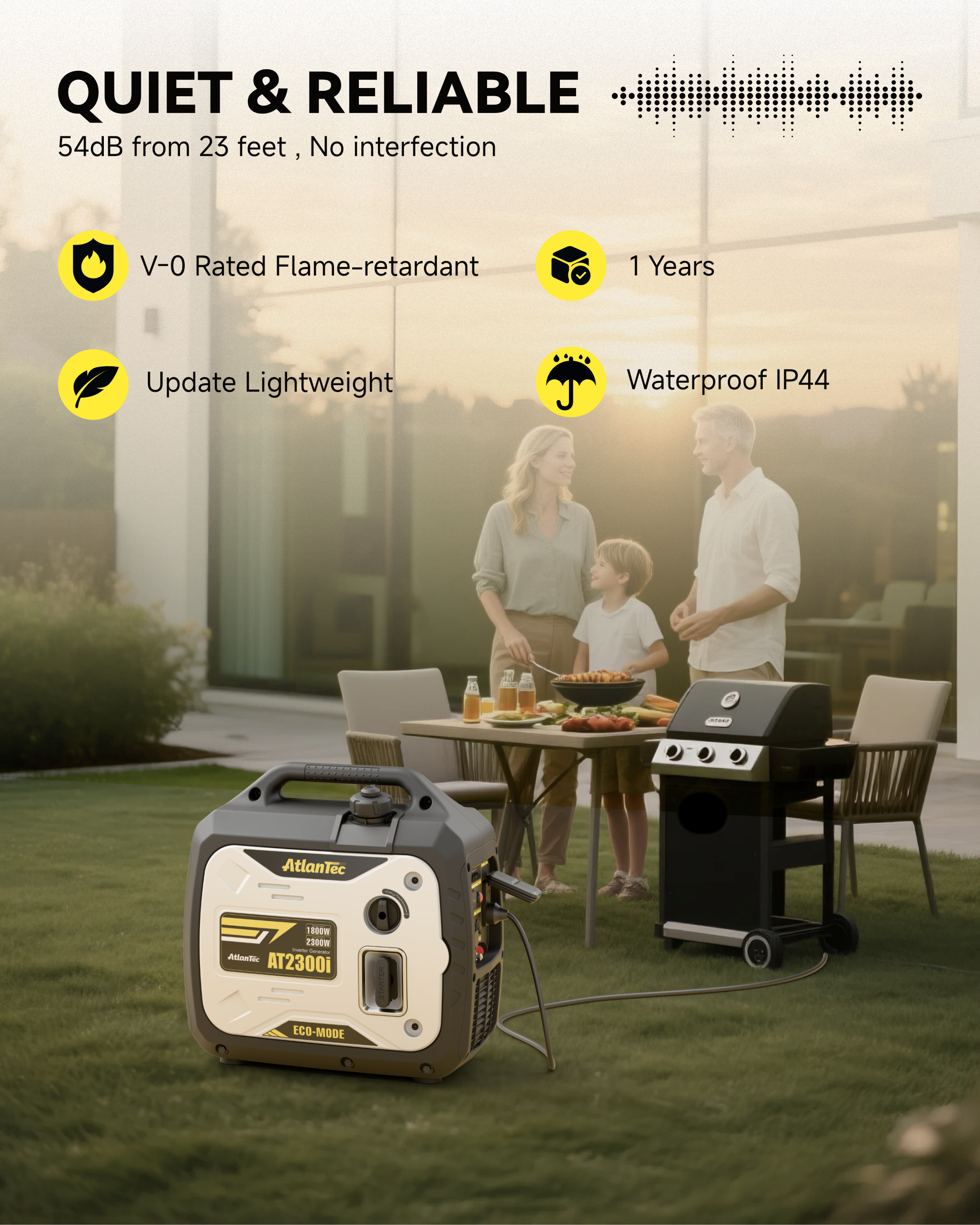 2300W Super Quiet Generator, Portable Power Gas Powered Inverter Generator, Station Emergency Parallel Capable Long Run Time Camping Rechargeable Inve