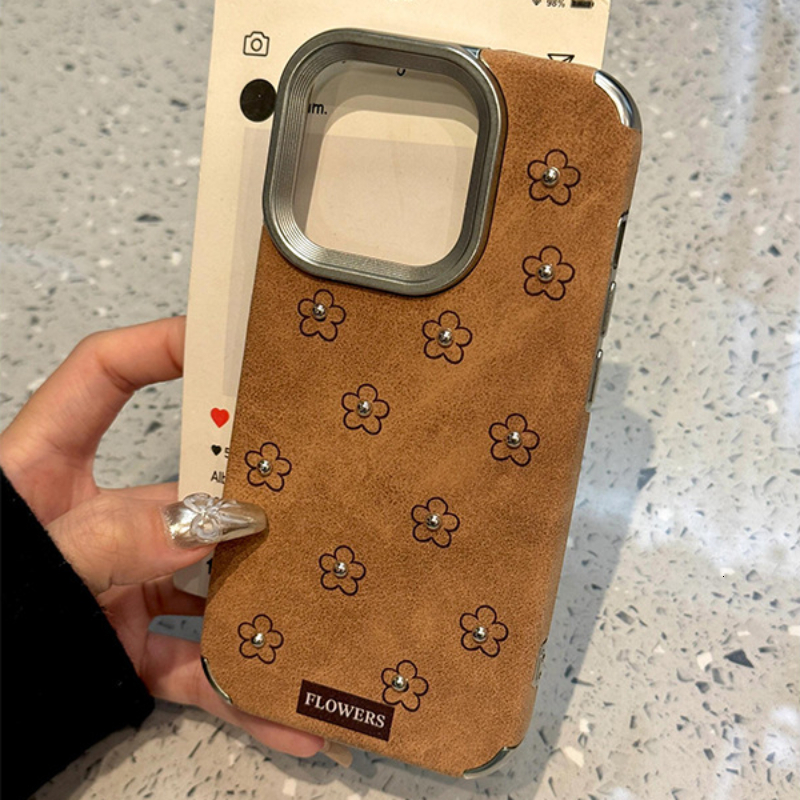 Autumn and Winter Brown Leather Three-Dimensional Flower Suitable for iphone 17promax Phone Case iPhone16 Anti-Fall 15/14