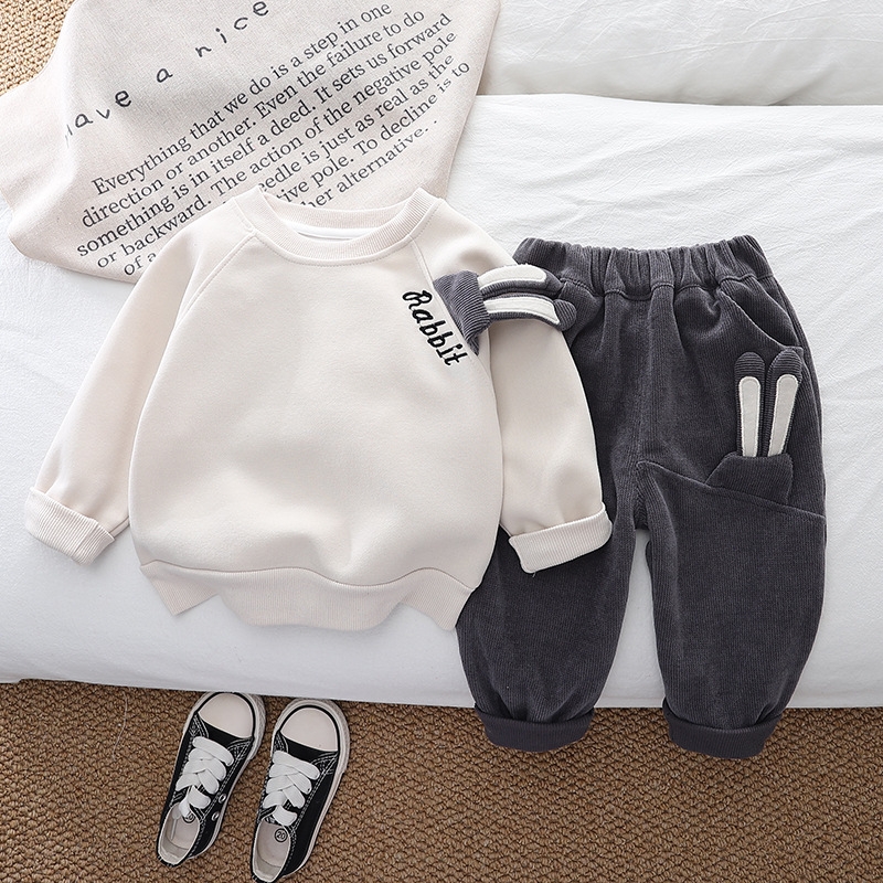2025 new hot selling baby spring and autumn clothes, children's cute rabbit bags, two-piece set, trendy children's spring clothes, hoodie se