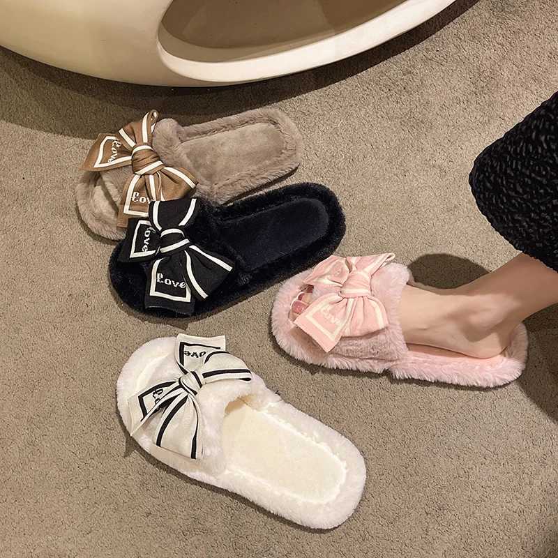 Casual Fluffy Slippers Women House Flats Fashion Winter Bowknot Love Designer Shoes Ladies Home Plush Platform Elegant Footwear Z20251020