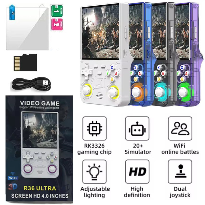 4.0inch R36 Ultra Retro Handheld Game Console Open Source Linux System 25+ Emulator 4K HD IPS Screen Portable Video PLayer Built in 64GB/128GB 15000+/30000+ Classic Games