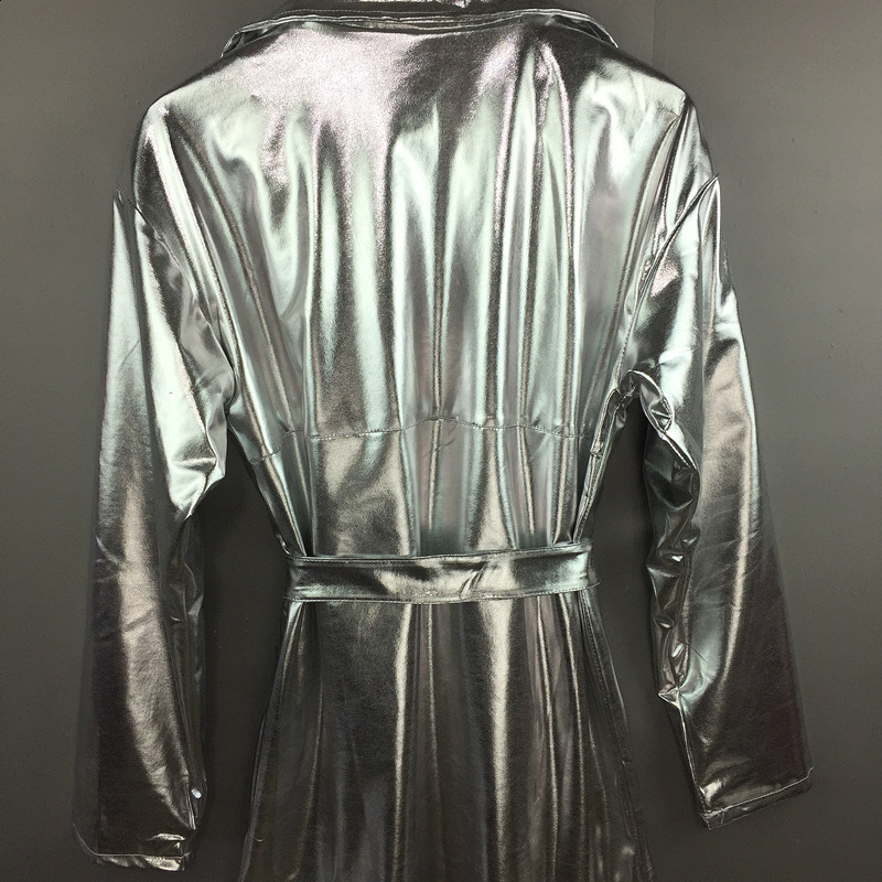 Women's Jackets Autumn Long Oversize Silver Leather Trench Coat Women Sleeve Lapel With Belt Stylish French Fashion Retro OverCoat 231205