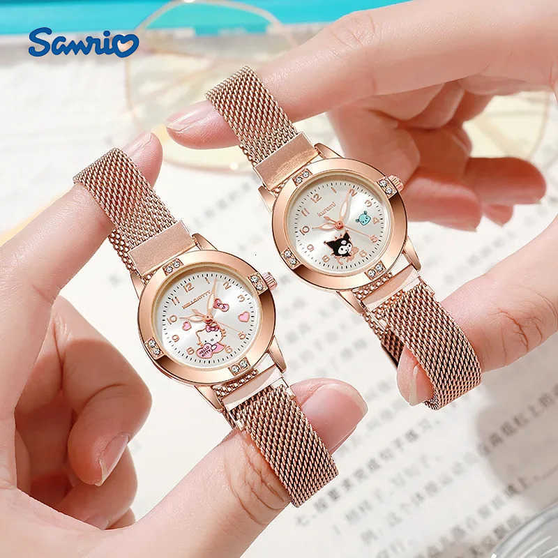 Sanrio Hello Kitty Diamond Womens Watches Cat Bow Kawaii Pink Ladies Gold Sliver Metal Jewelry Cartoon Magnetic Watch Girls L251020