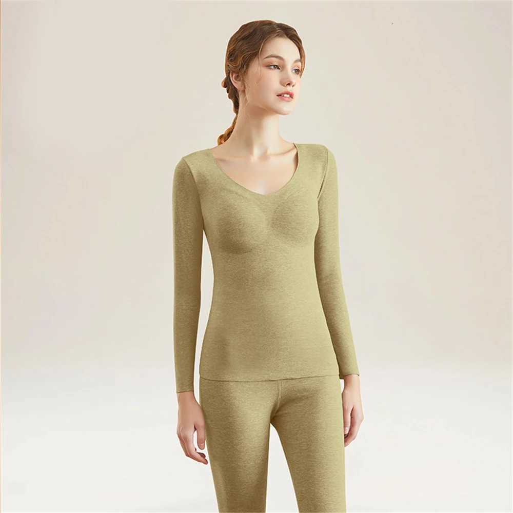 Women Vneck Seamless Thermal Underwear Set Autumn Winter Warm Lingerie Long Sleeve Tops With Chest Pads Trousers Twopiece SuitT251020