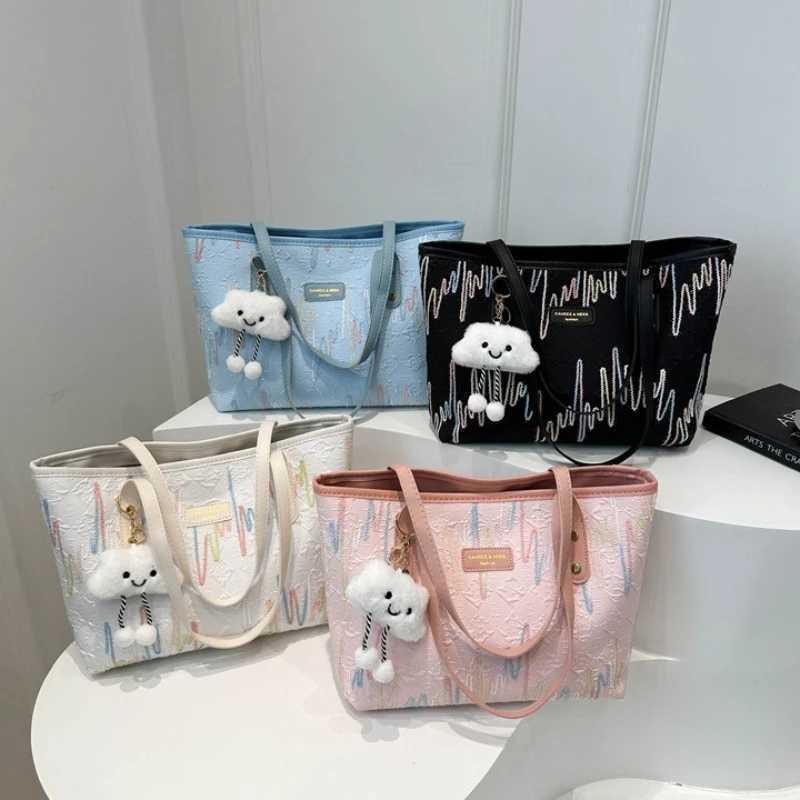 Leisure Commuting Large Capacity Bag for Women New Fashion College Student Class Shoulder Bag Striped Embroidered Tote BagsT251020