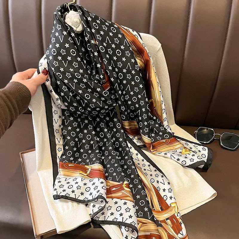 180X86CM New Popular Print Bandannas Silk Scarves Four Seasons Satin Beach Sun protection Towel Fashion Flower Long ShawlsL251020