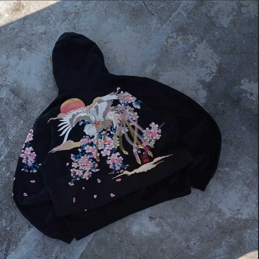 Harajuku Crane Flower Graphics Oversize Black Zipper Hoodie Mens and Womens Y2K New Gothic Fashion Casual Retro Street Wear W251020
