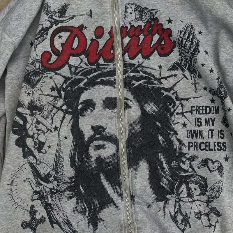 Rock Hiphop Cartoon Letter Print Oversized Zipper Hoodie Women Y2K New High Street Harajuku Vintage Casual Loose Sweatshirt Men W251020