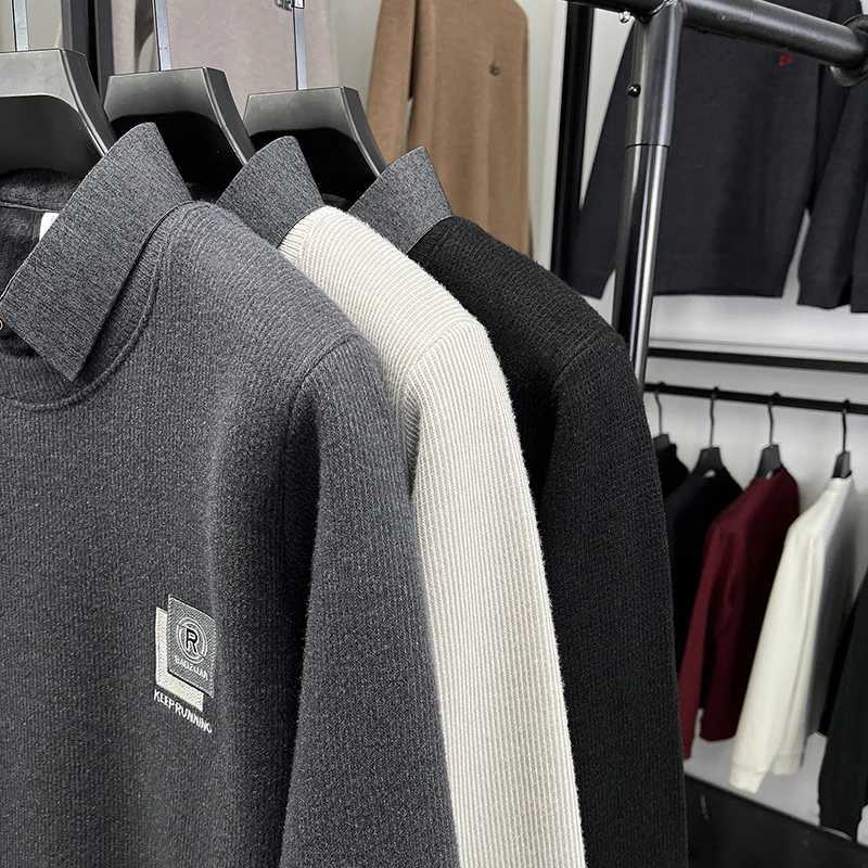 Luxury Quality Mens Knitwear O-Neck Velvet Printe Shirt Collar Pullover Autumn Winter Versatile Fashion Fake Two Piece MenswearT251103