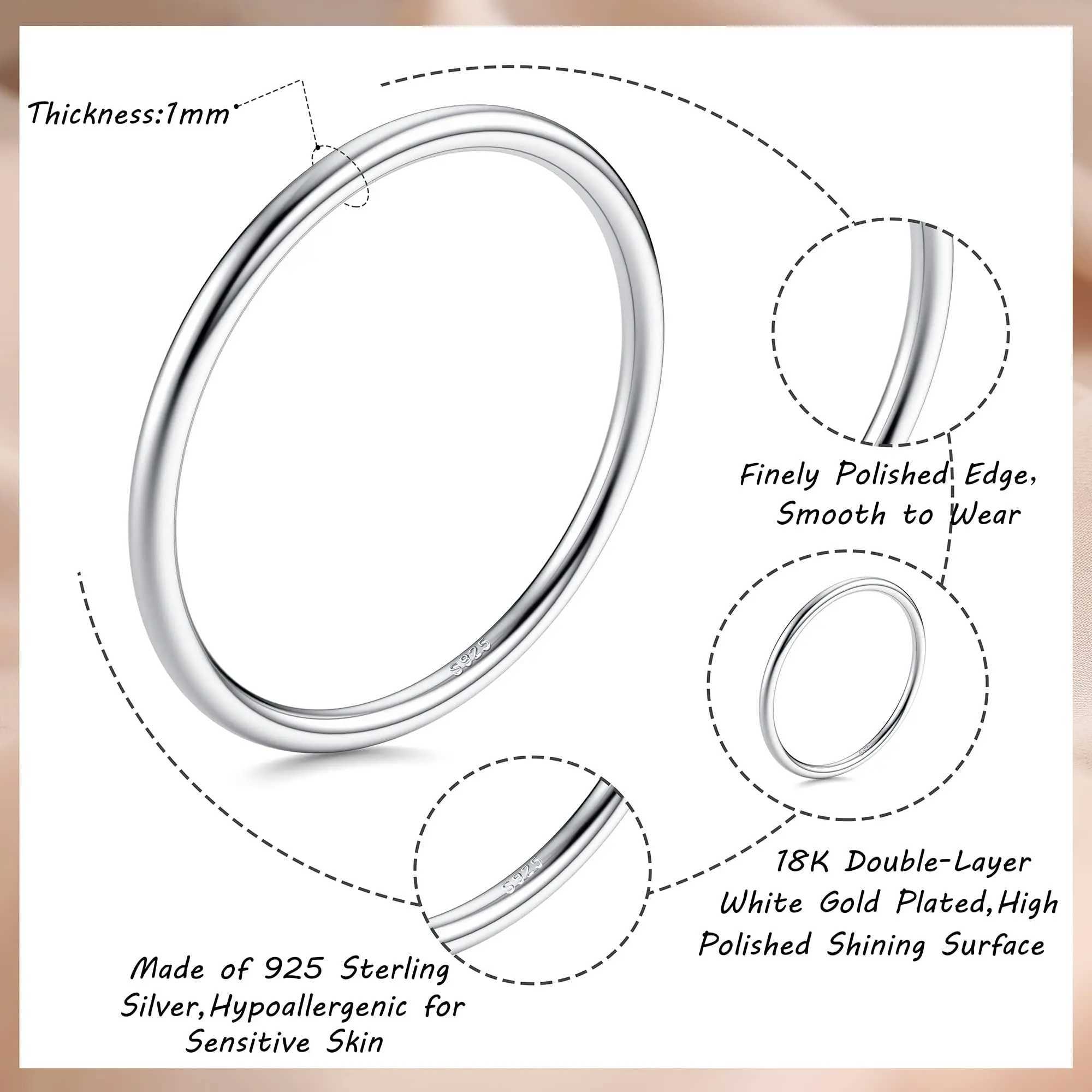 Fansilver S925 Sterling Silver Rings 1mm 18K Wihte Gold Filled Stacking Stackable Knuckle Pinky Thumb Ring for Women J251020