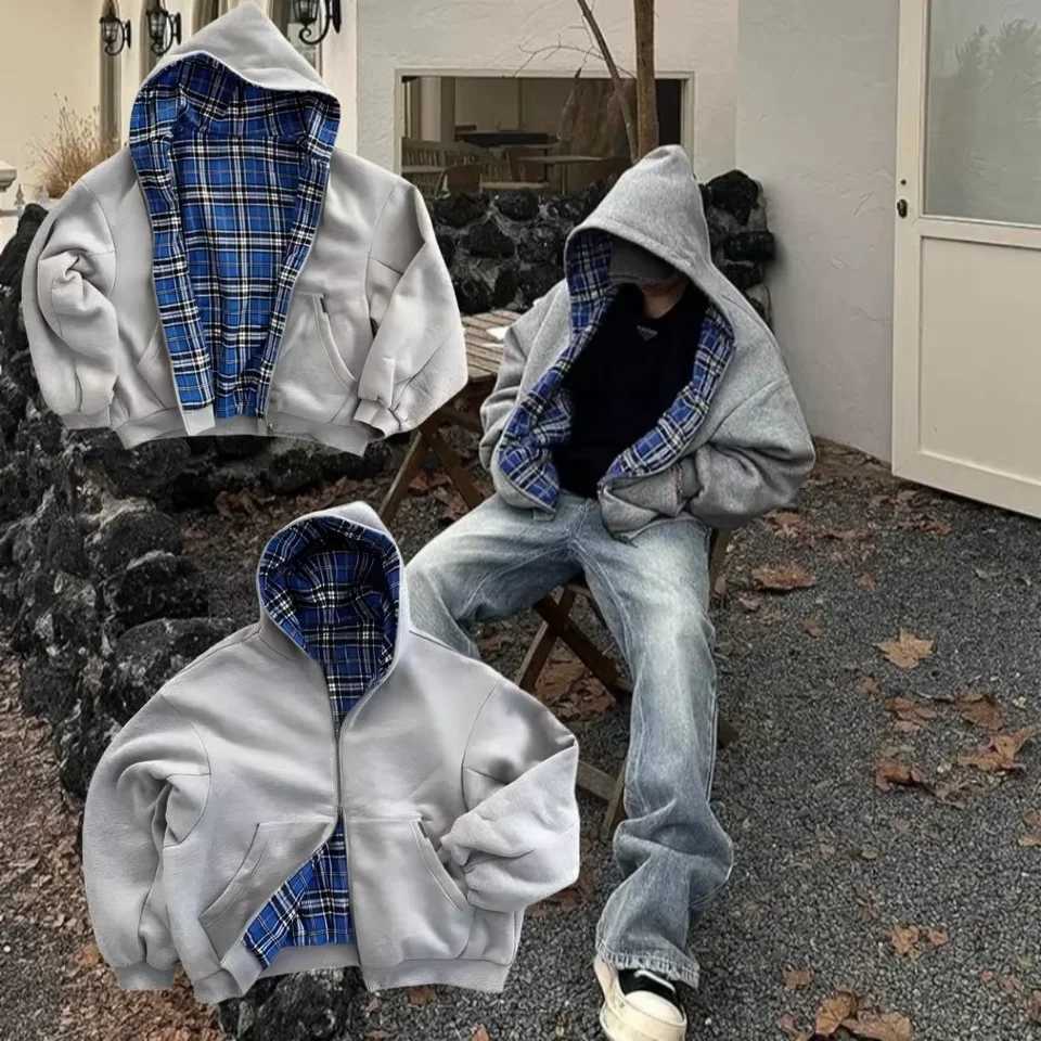 High Street Trendy Clothing New Style Twosided Fashion Loose Plaid Sweatshirt Harajuku Retro Casual Double Zipper Hoodie Women W251020