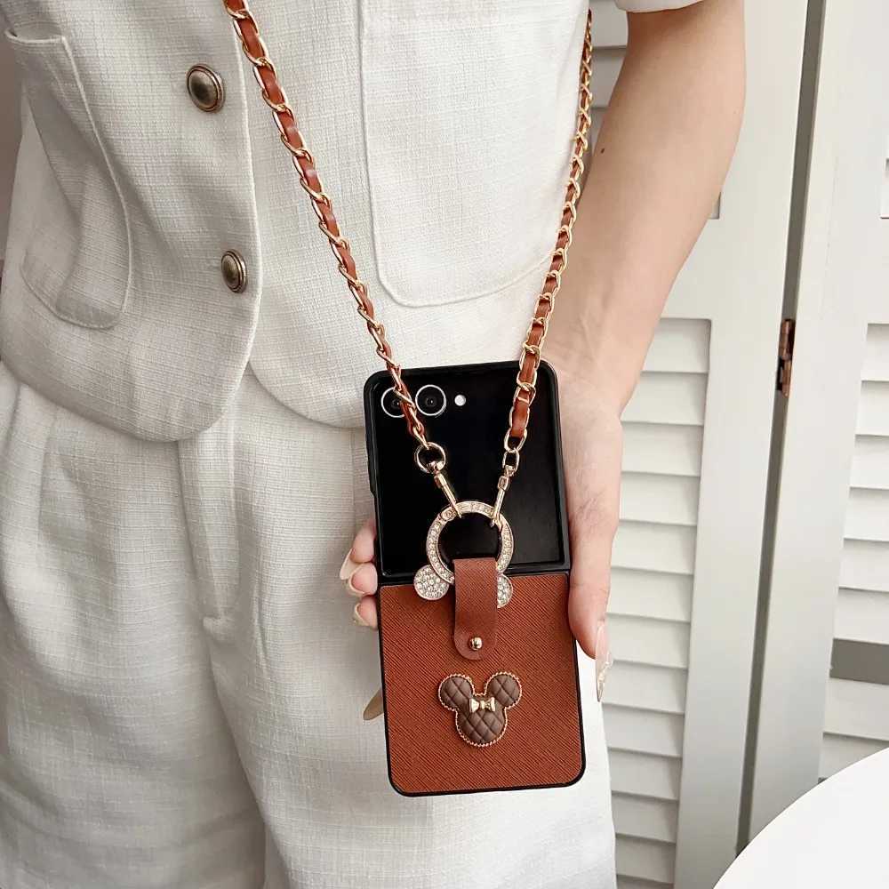 Crossbody Lanyard Phone Case For Galaxy Z Flip 7 6 5 4 3 Flip7 Flip6 Flip5 Cute Cartoon Ring Leather Protective Cover J251114