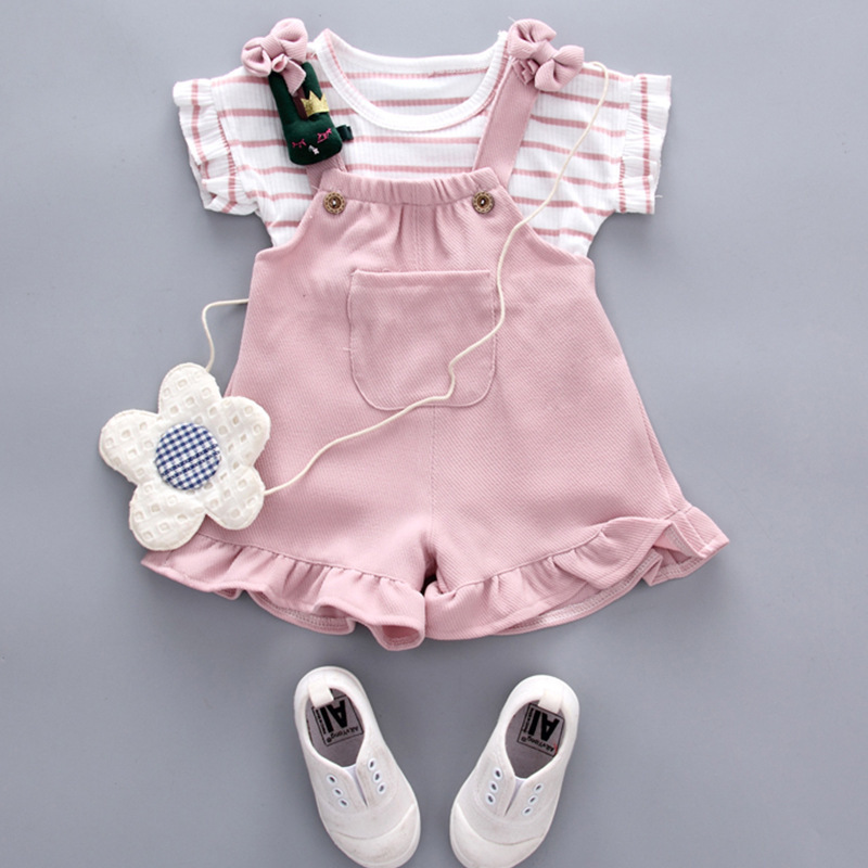 2025 New Hot selling Girl Baby Cute Stripe Short Sleeve New Small and Medium Children's Strap Short Sleeve Set Children's Two Piece Set Free