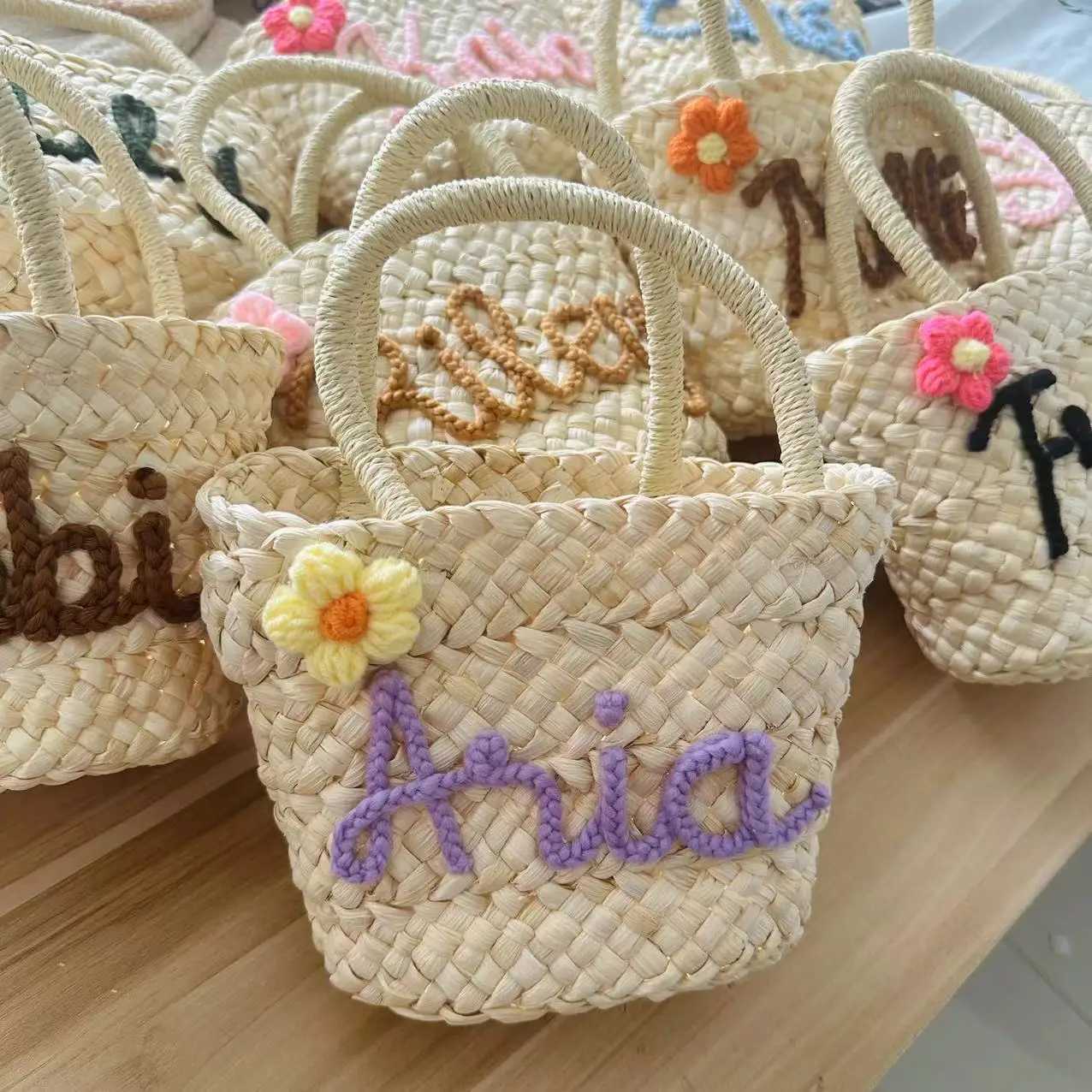 Custom Name Straw Beach Tote Bags For Women Luxury Designer Handbags Personalized Purses Handmade Weave bag for Flower GirlT251020