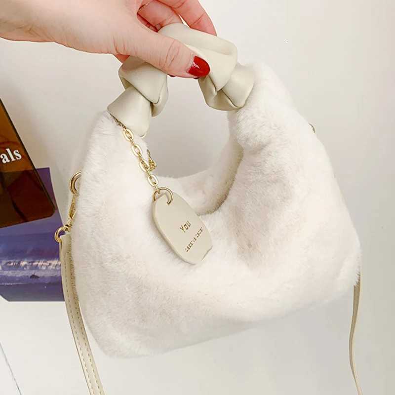 Cute Faux Fur Plush Handbags Ruched Handle Small Lady Shoulder Crossbody Bag Casual Tote HalfMoon Hobos Winter Bags for WomenT251020
