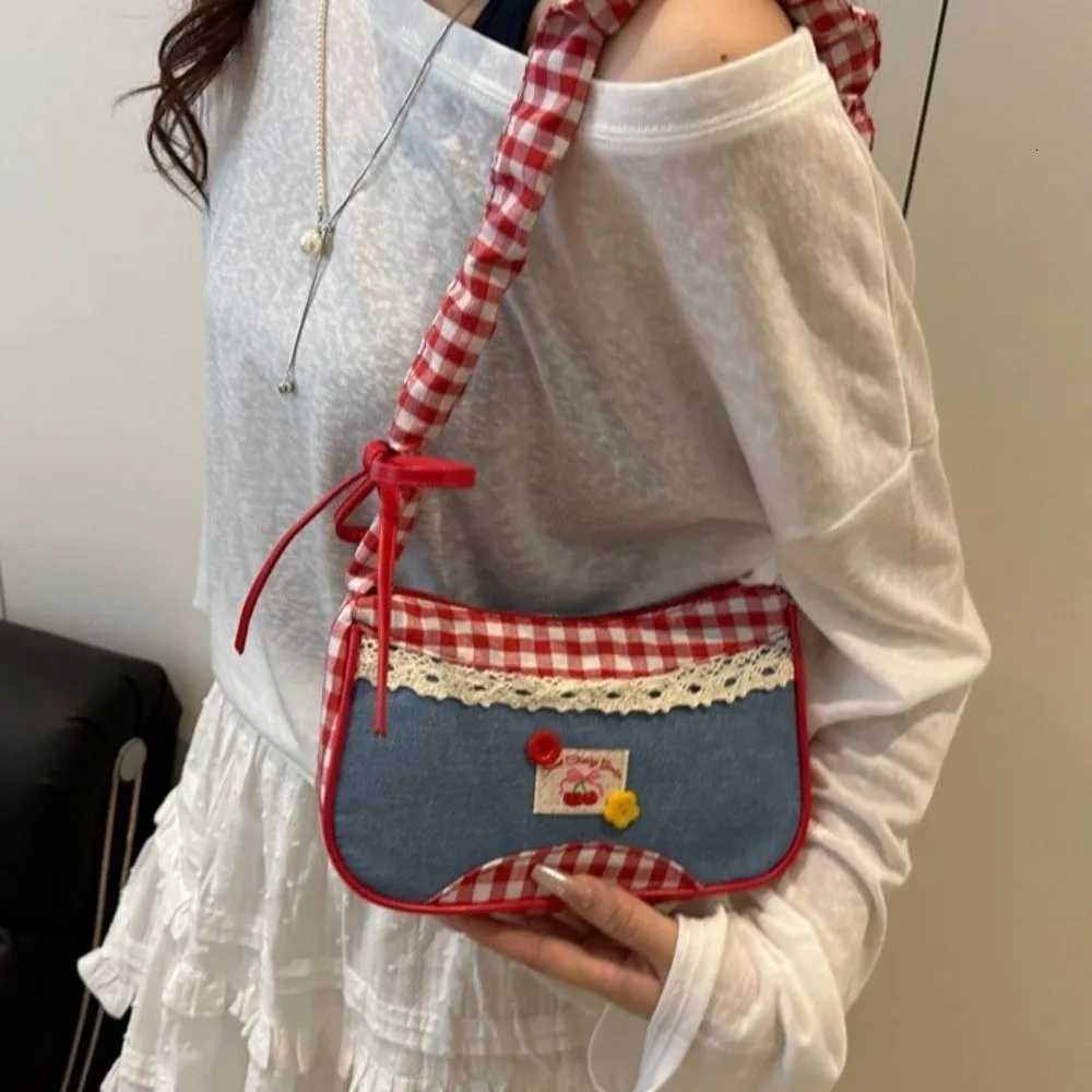 Portable Rural Style Lattice Shoulder Bag Plaid Bow Denim Underarm Bag Leisure Commuting Crossbody Bag TravelT251020