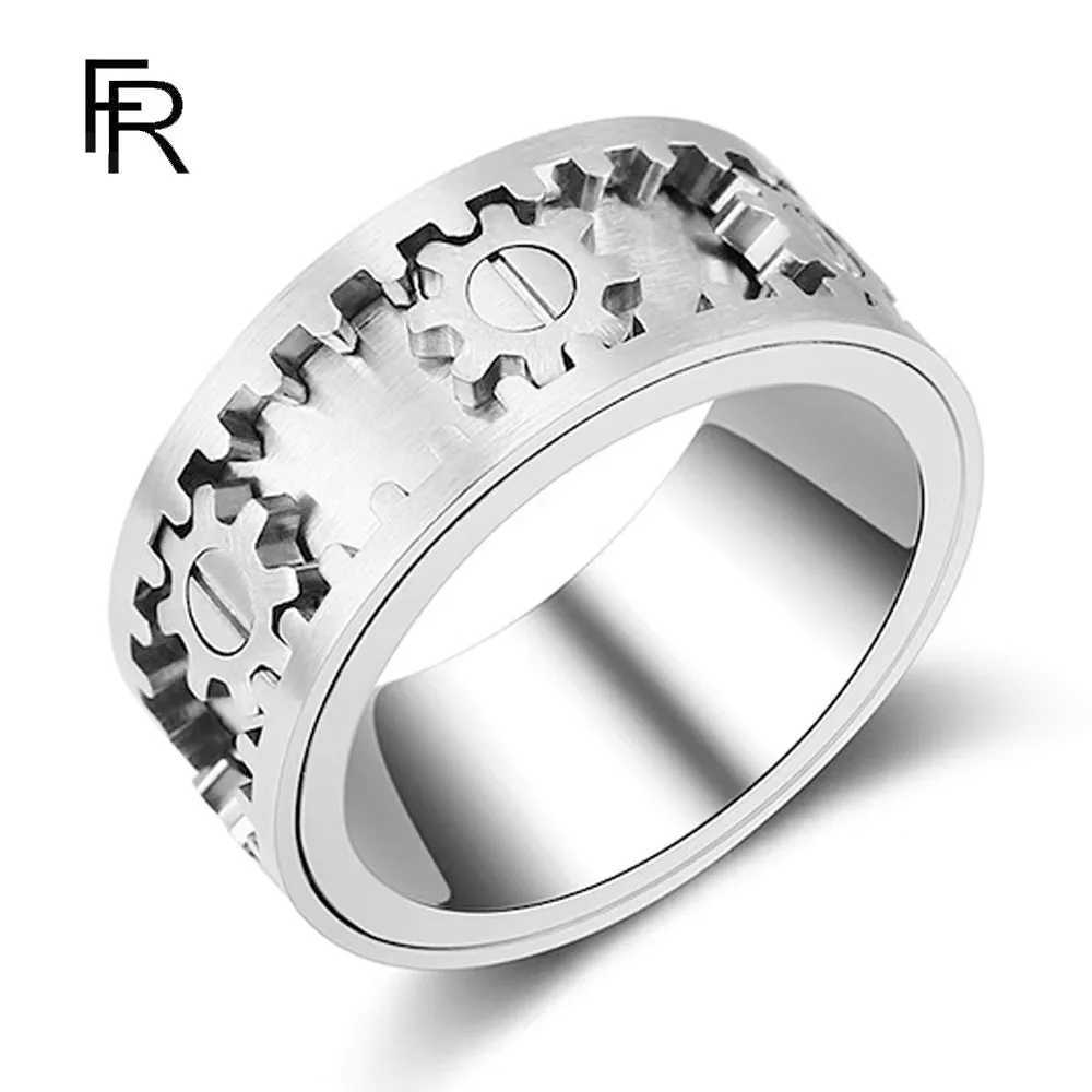 Time to Run Mens Titanium Steel Gear Ring Womens Steelcolored Rotatable Antianxiety Ring J251020