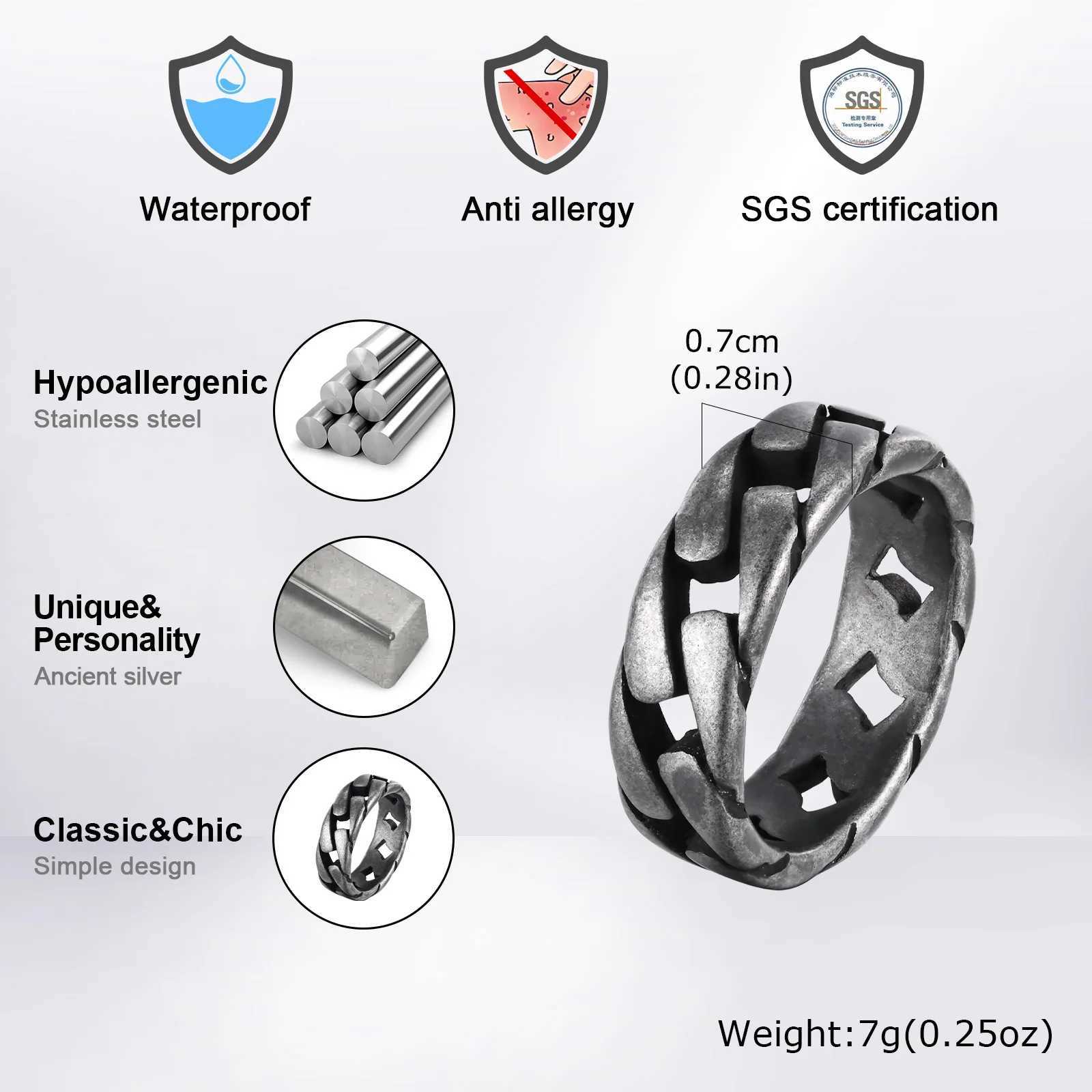 Vnox Men Vintage Oxidized Stainless Steel Rings Links Shaped Finger Band Punk Rock Male Alliance J251020