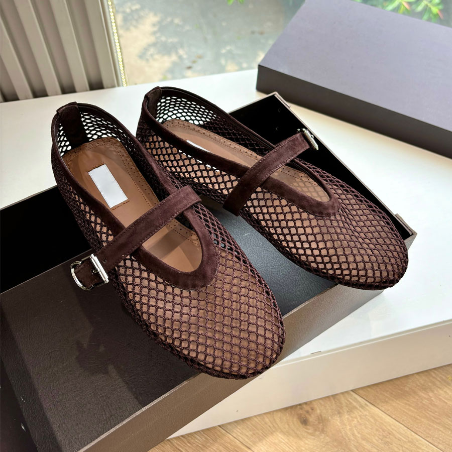 Top quality Round-toe real leather Mesh Mary Jane Ballet Flat shoes with a strap Mesh loafers womens ballerina Flat dress shoes Luxury designer shoes Vacation shoes