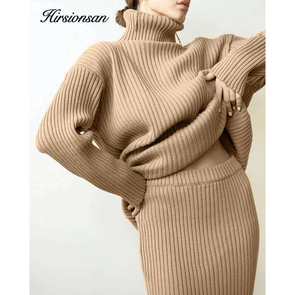 Hirsionsan Elegant Knitted Sets Women New Casual Two Pieces Turtle Neck Sweater And Midi Female Warm Suits With Skirt 251020 251020