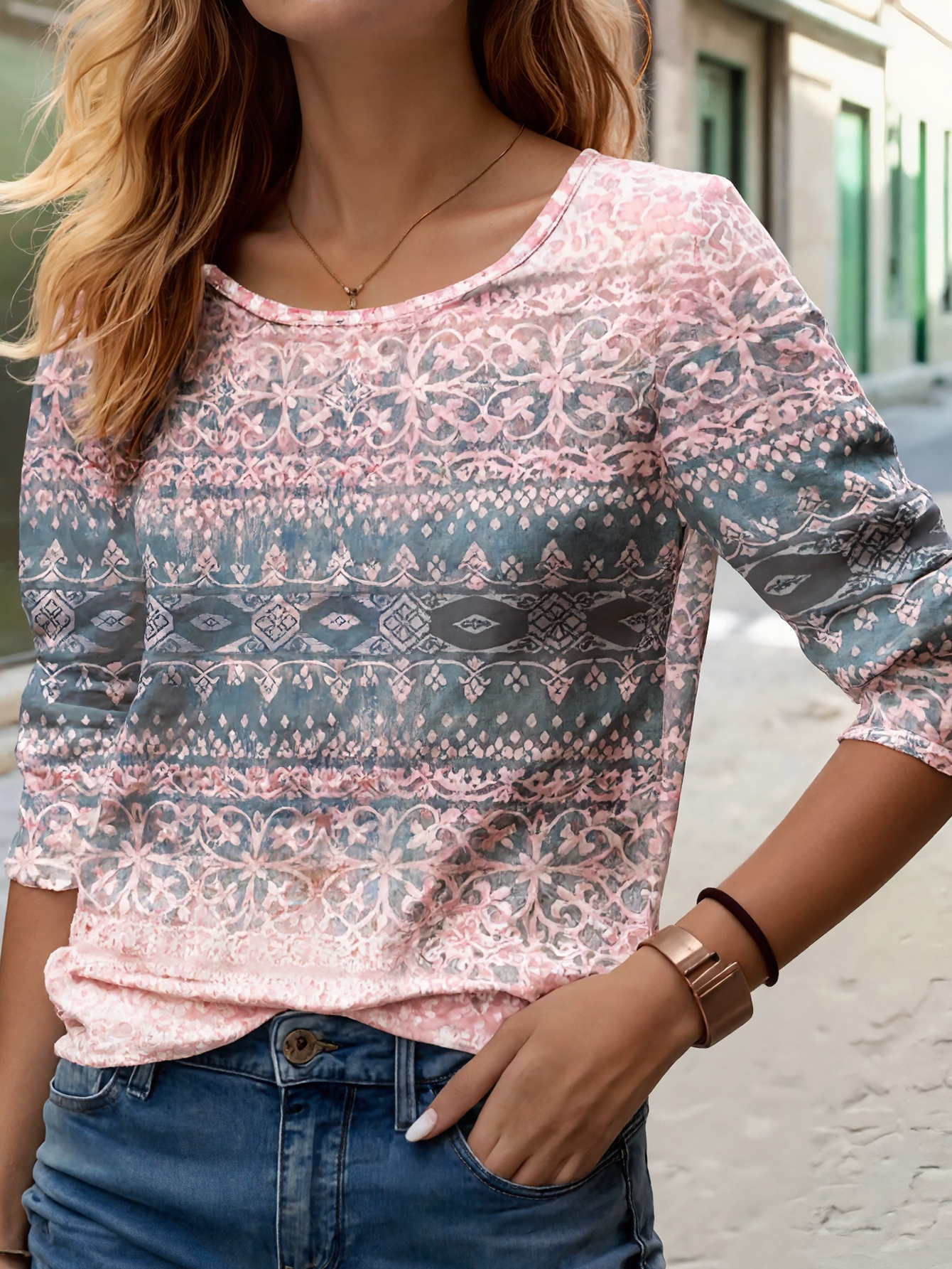 Women's CF25125 Elegant Paisley Printed Long Sleeve Top, Commute & Vacation Milk Silk Blouse-CF25125