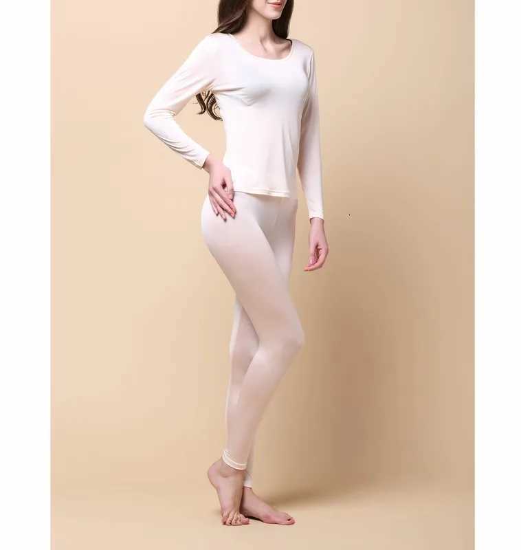 Pure Silk Knit Women Underwear Long Johns Top Bottom Set Thermal Shirt LeggingT251020