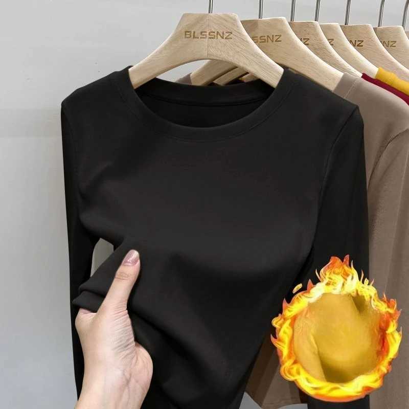 Autumn Winter Thermal Threaded Bottom Shirt Womens New Solid Colorround Neck Tshirt Sweater Long Sleeve Warm UnderwearT251020
