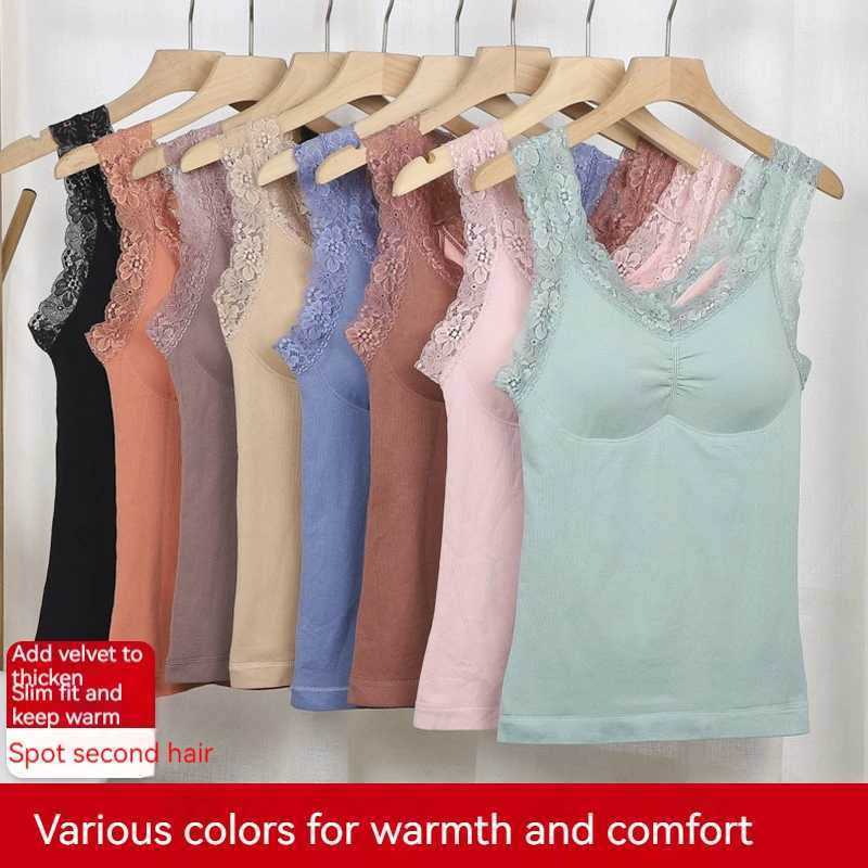 New AutumnWinter Lace Warm Tank Top VNeck Strap Bottom Coat With Plush and Thickened Cover Cup Warm UnderwearT251020