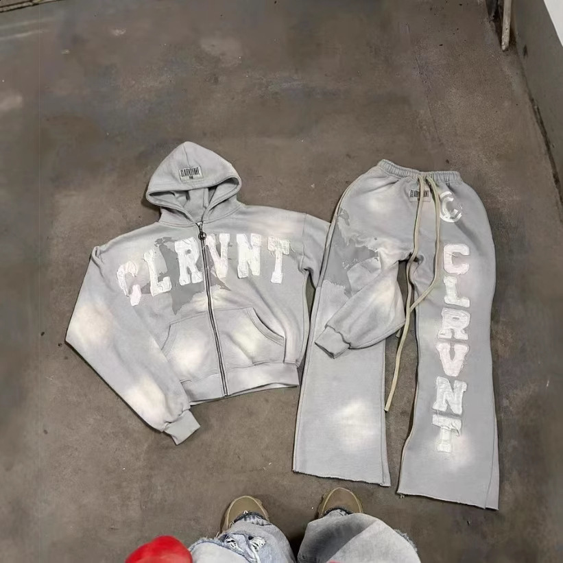 Y2K American Embroidered Letter Oversize Sweatshirt Mens And Womens Harajuku Casual Joker Straight Pants Two-Piece Suit 250210