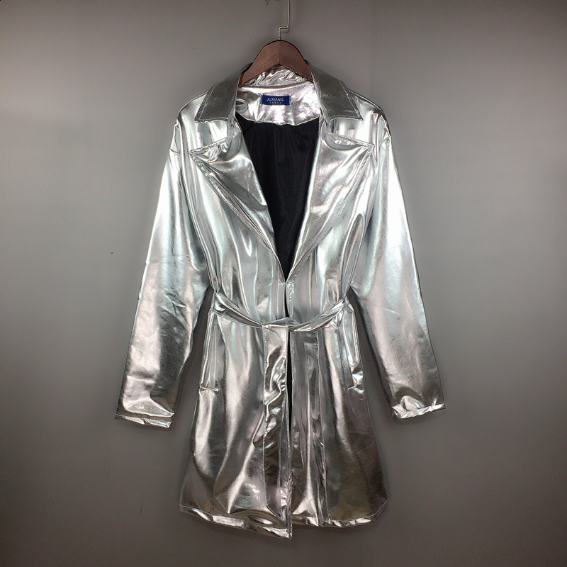 Women's Jackets Autumn Long Oversize Silver Leather Trench Coat Women Sleeve Lapel With Belt Stylish French Fashion Retro OverCoat 231205