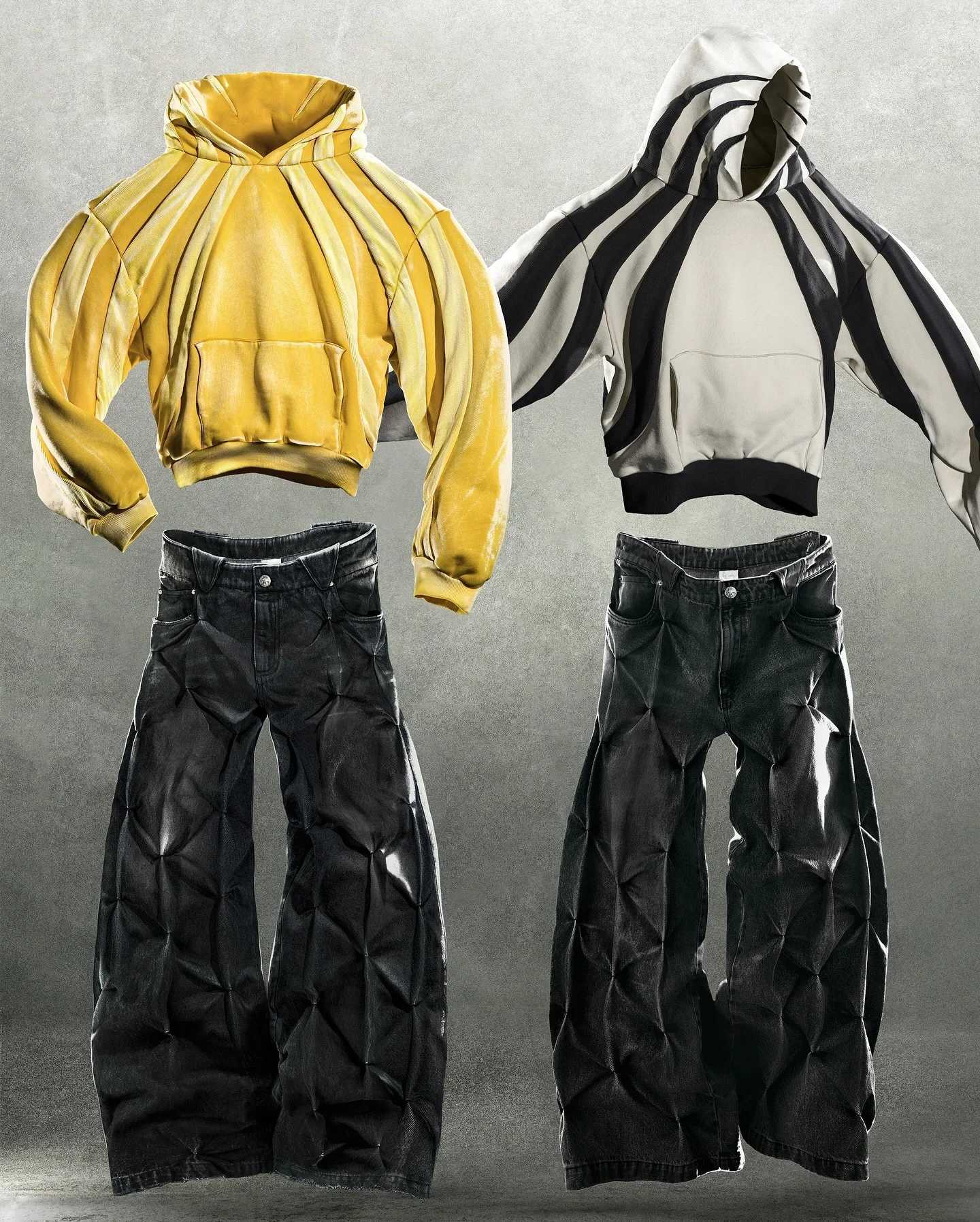 2025 New Fashion Stripe Patch Yellow Hoodie Harajuku Hip Hop Embroidery Long Sleeve Coats Loose Hooded Sweatshirt Men Pullover W251020