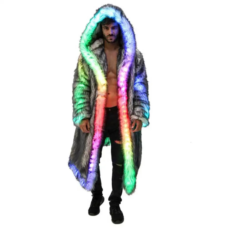Faux Fur Coat Men Hooded Outerwear Comfortable Thick Winter Warm Long Jacket LED Stage Dance Party Cosplay Costume Overcoat 251018