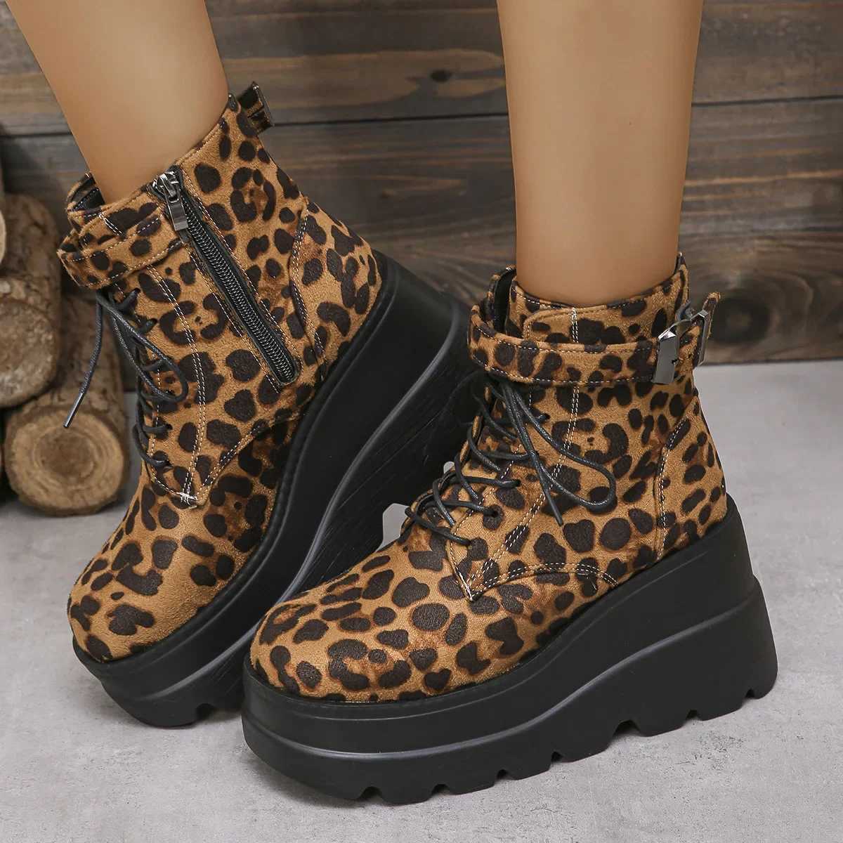 2024 Ladies Shoes Large Size Ankle Womens Boots High Heel Modern Boots Women Leopard Side Zip Frt Laceup Wedge Female ShoesXJ251020