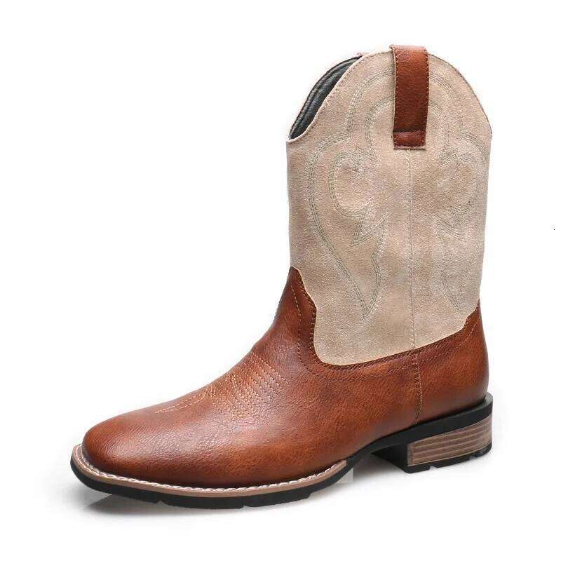 Men's Classic Retro Western Cowboy Boots Mens Fashion Patchwork Embroidery Designer Mid-Calf Leather Casual Boot