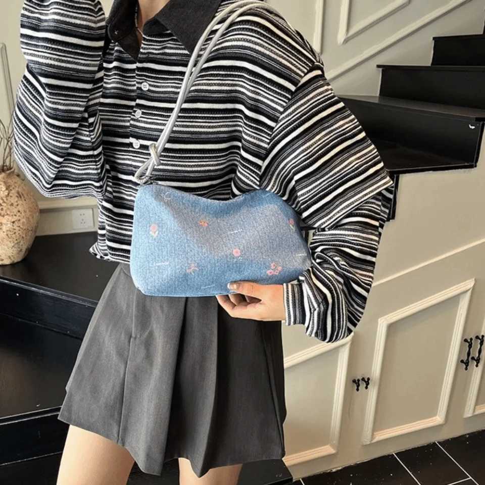 Trendy Korean Bow Underarm Bag Versatile Sweet Denim Shoulder Bag Zipper Blue Womens Handbag FemaleT251020
