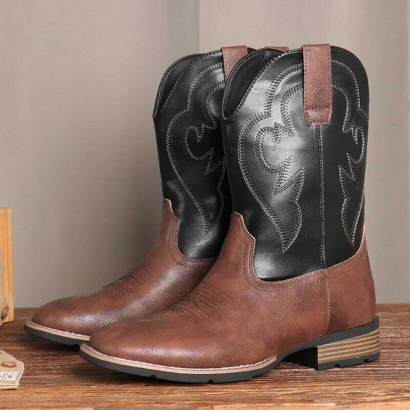 Men's Classic Retro Western Cowboy Boots Mens Fashion Patchwork Embroidery Designer Mid-Calf Leather Casual Boot
