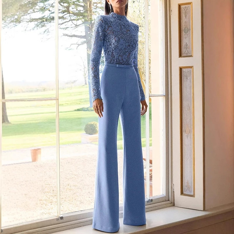 Jacquard Lace Highwaisted Women Jumpsuit Embroidery Crochet Office Straight Playsuit Sexy See Through Hollow Flare Pants Romper 251016