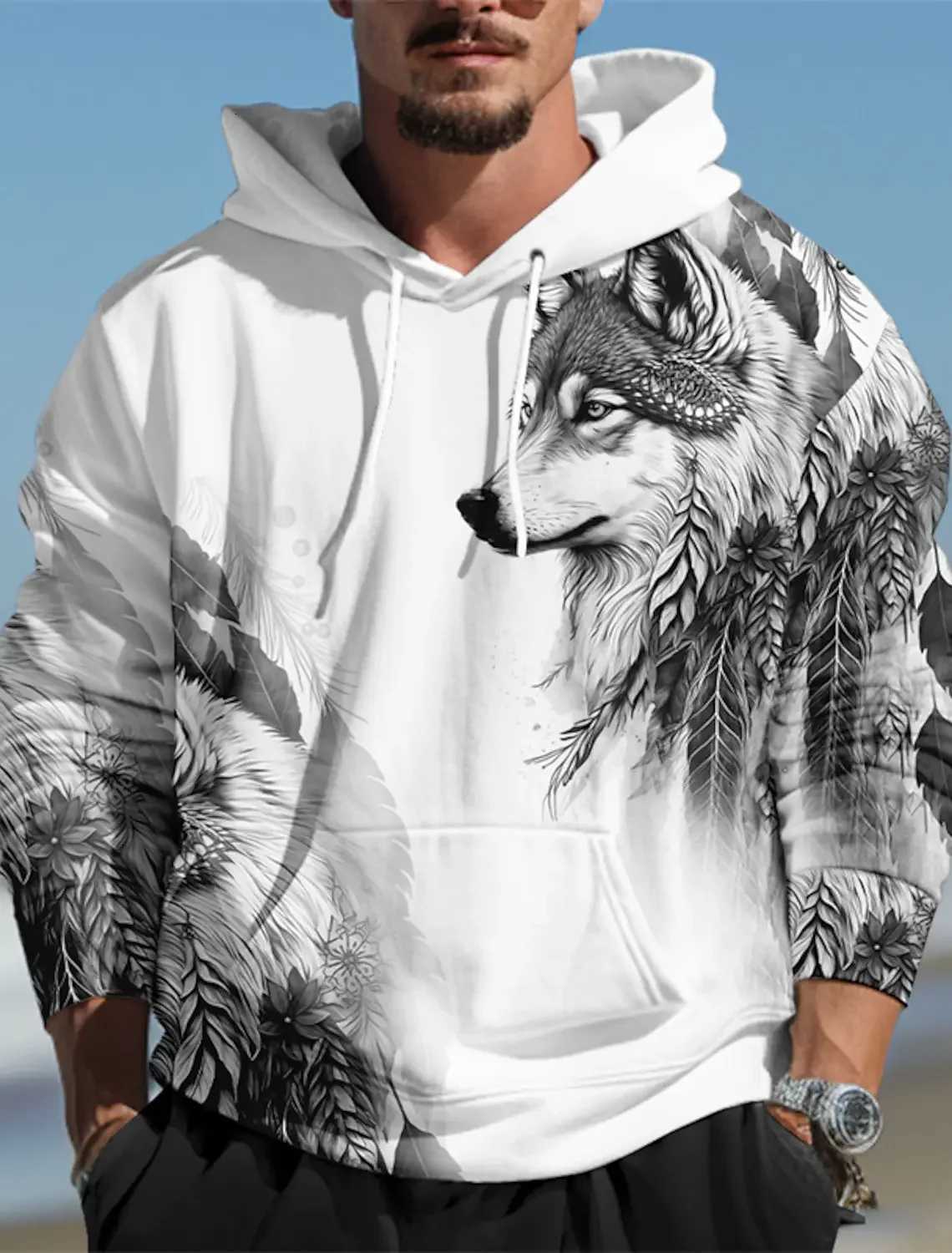 Wolf Graphic Mens 3D Print Pullover Streetwear Hoodies Dark Green Long Sleeve Hooded Spring Fall Designer Top W251020
