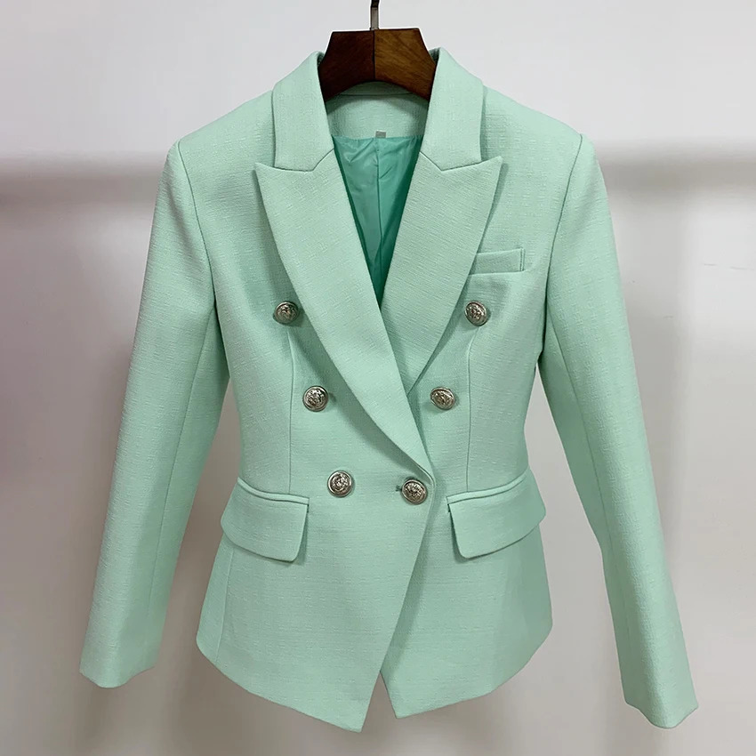 HIGH STREET Classic Baroque Jacket Womens Metal Lion Buttons Double Breasted Textured Blazer Mint Green 251016