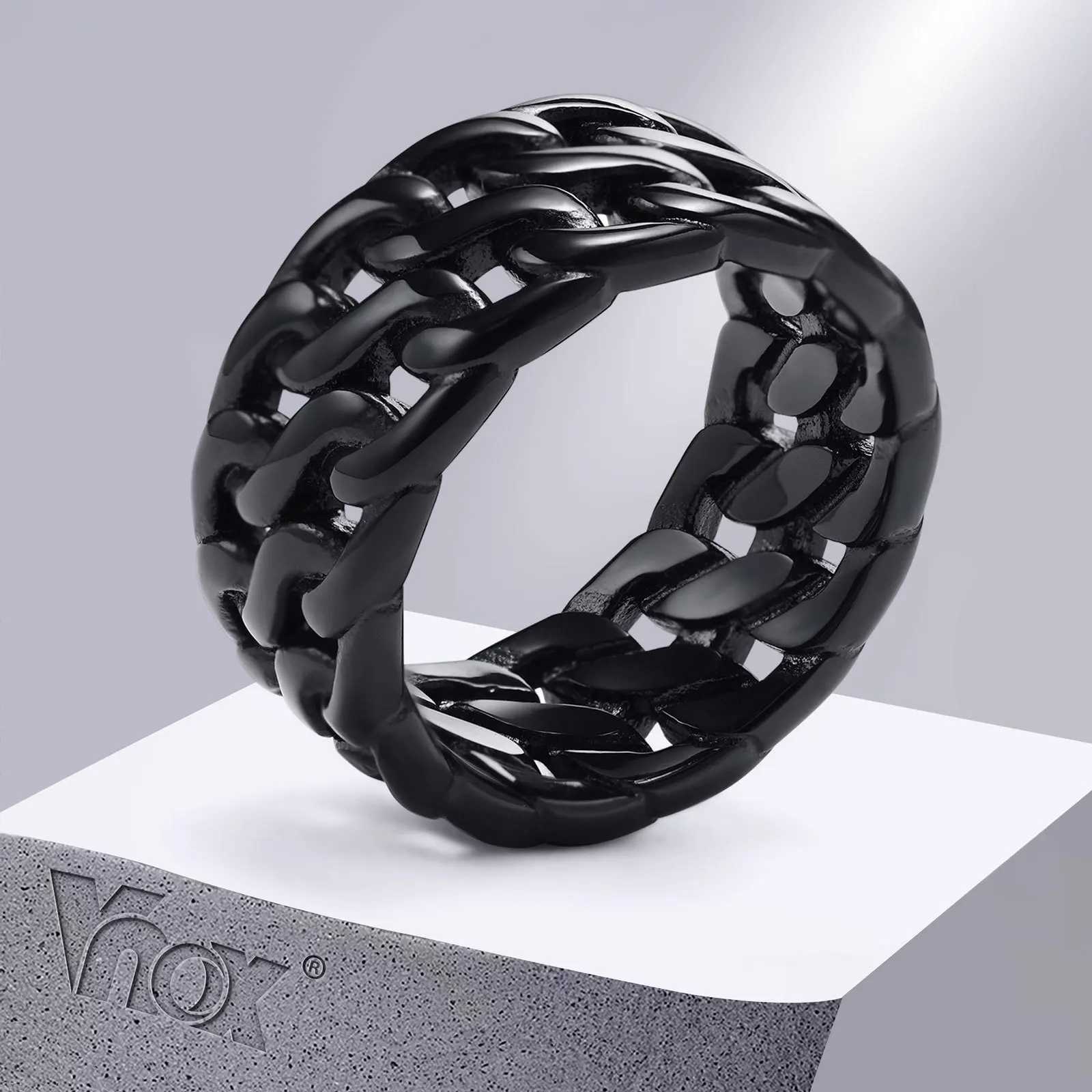 Vnox Dual Cuban Chain Ring for Men10mm Stainless Steel Retro Finger Band Black Metal Hollow Punk Vintage Ring J251020