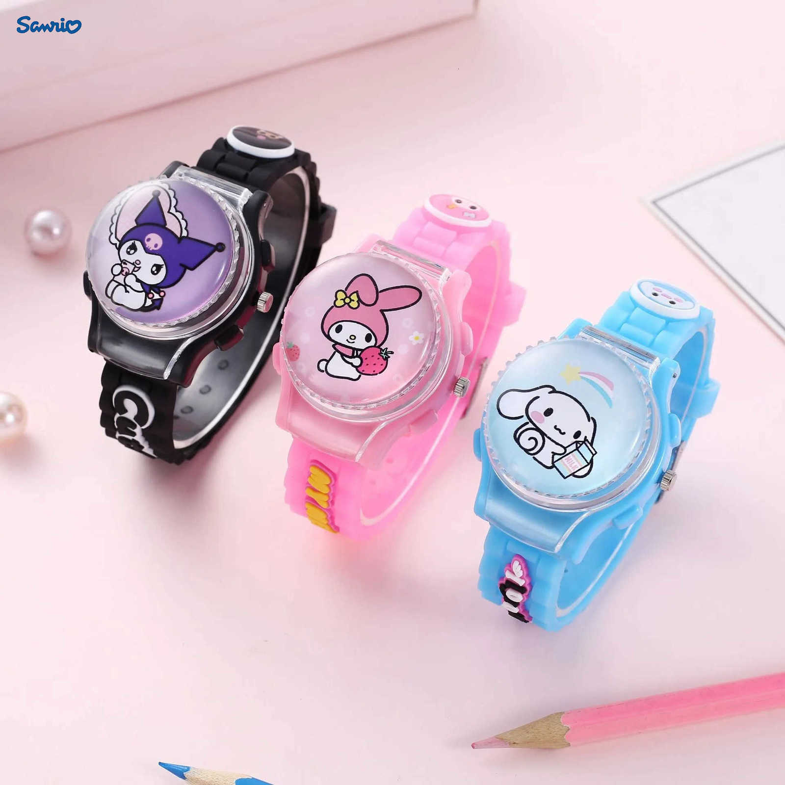 Sanrio Sanrios Cartoon Watch Anime Kuromi My Melody Cinnamoroll Watch Kawaii Crystal Patch Glowing Decompress Rotating Electronic Watch L251020