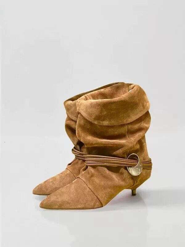 Sheepskin Niche Cat Heel Genuine Leather Western For Women Folded Pile Autumn Winter New Fashionable Versatile Short