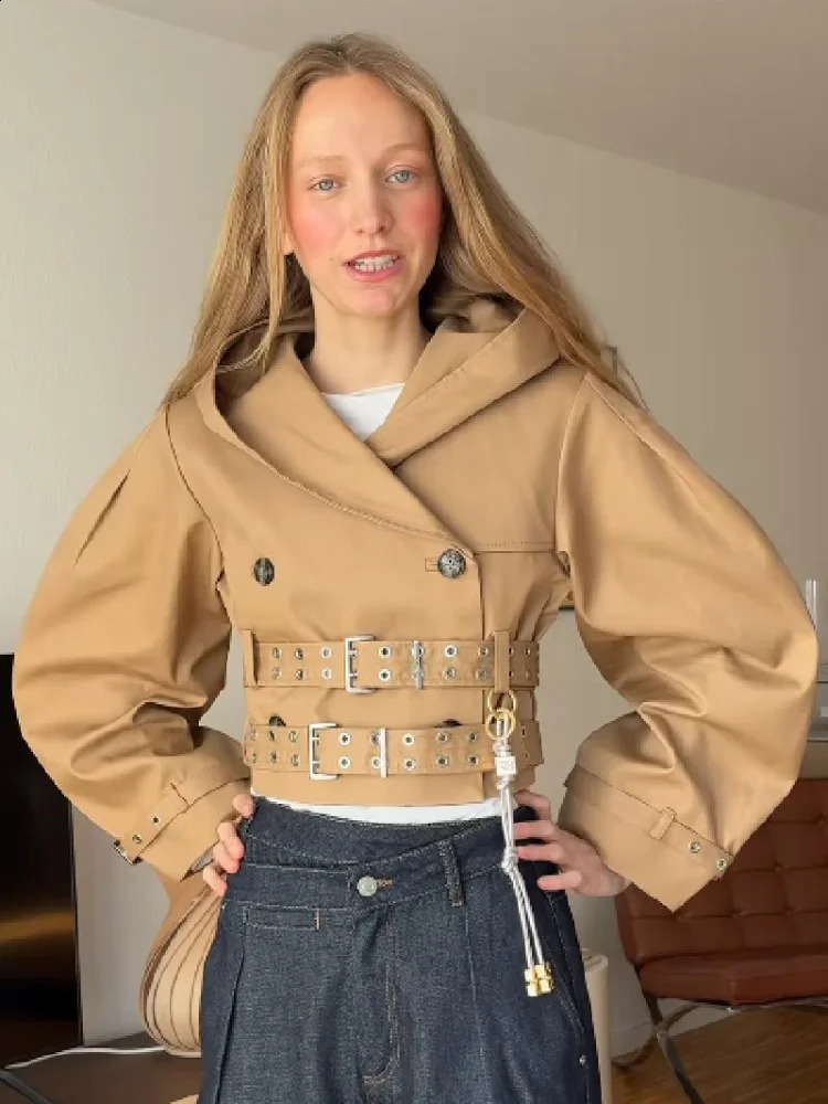 Chic Punk Trench Coat For Women Full Sleeve Loose Hooded Crop Jacket Lapel Bat Sleeve Long Coats Lady Y2k Fall Outwears 251015