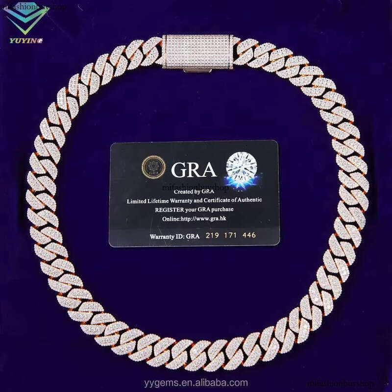 Yu Ying 15mm Width Shine Necklace Ice Out Moissanite Dia Solid Sier Cuban Link Chain for Hip Hop Jewelry