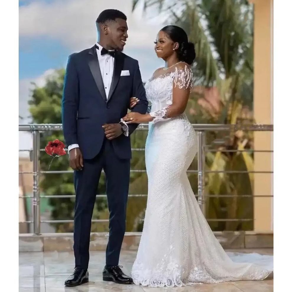 Beading Mermaid Wedding Dresses Women Elegant Sheer Long Sleeved African Bridal Gowns Lace Country Dress Second Reception Gown Plus Size BC14725 ZD19