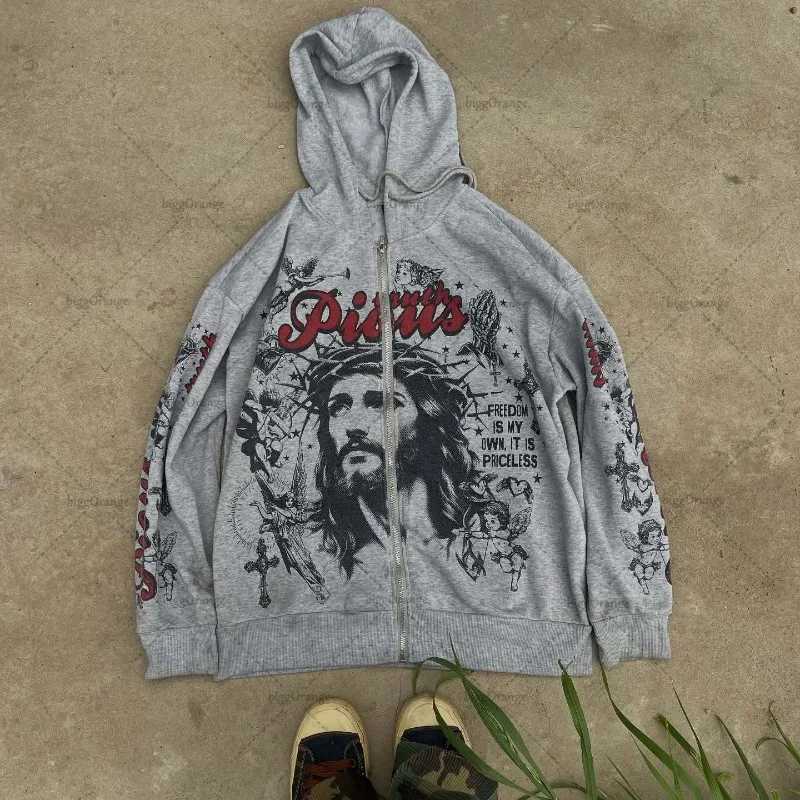 Rock Hiphop Cartoon Letter Print Oversized Zipper Hoodie Women Y2K New High Street Harajuku Vintage Casual Loose Sweatshirt Men W251020