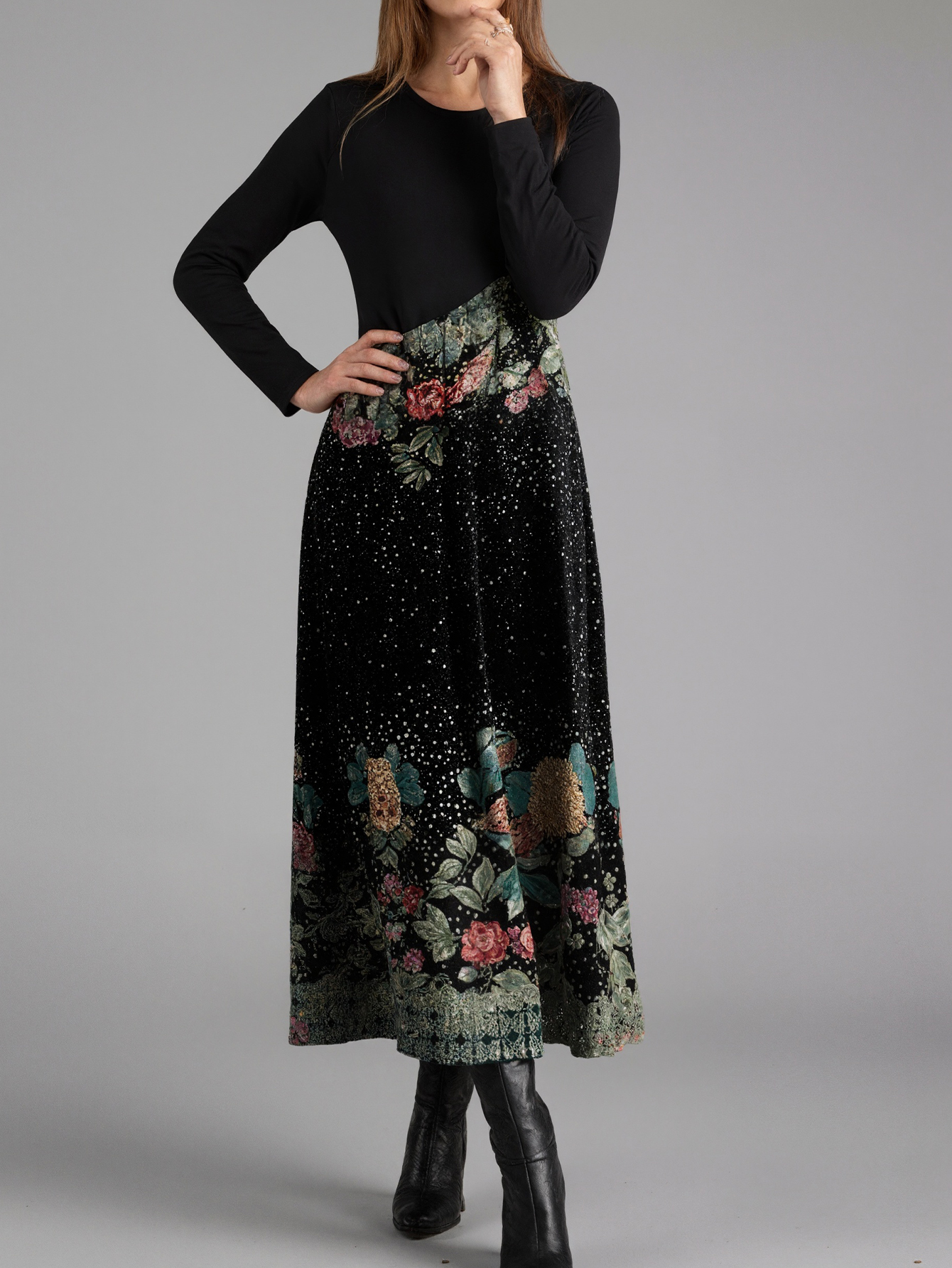Women's Autumn & Winter Floral Printed Long - Sleeve Midi Dress, Casual Commute & Party Milk Silk DressCF55431