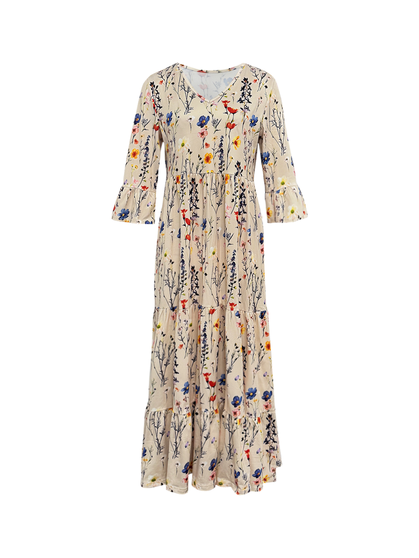 Women's Autumn & Winter New Floral Printed V - Neck Midi Dress, Casual Vacation & Commute Milk Silk Dress for Mom-CF55109